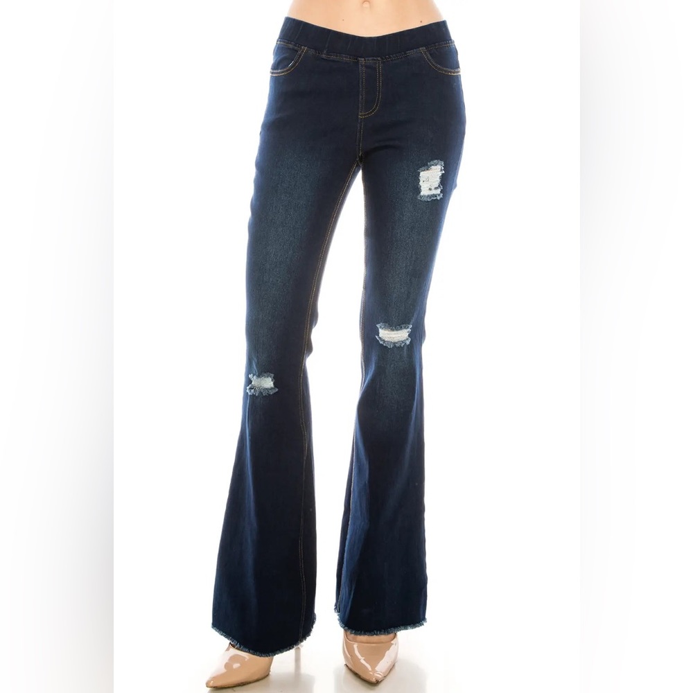 Elastic Waist Distressed Flares